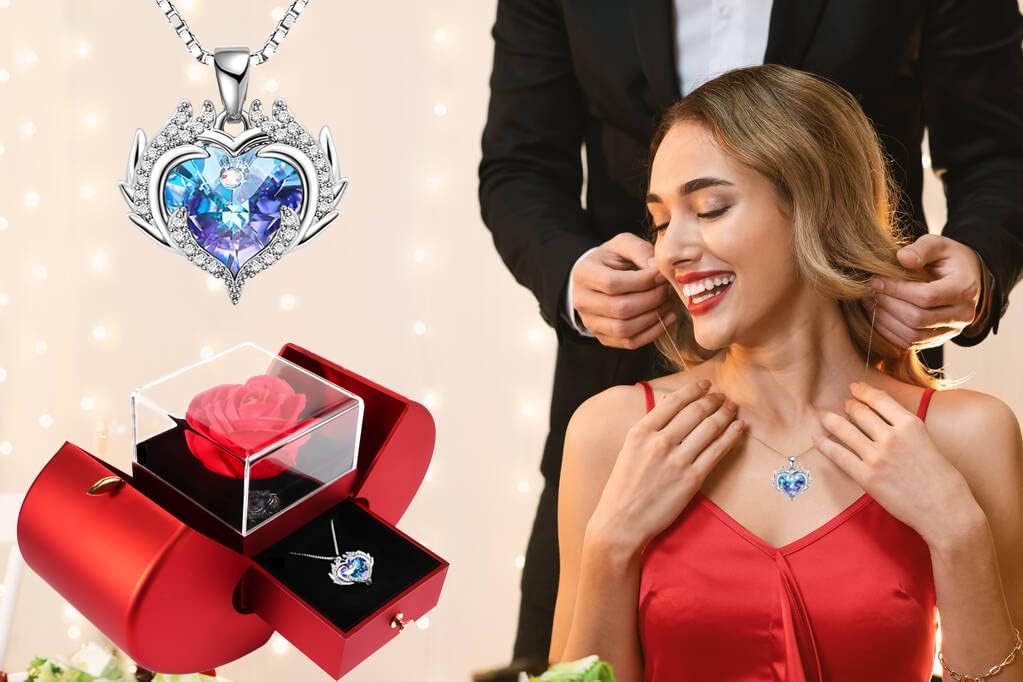 Preserved Red Rose Openable Apple-Shaped Storage Box with Angel Wing Jewelry Necklace for Women, Mothers Day Christmas Anniversary Birthday Gifts for Mom Wife Girlfriend