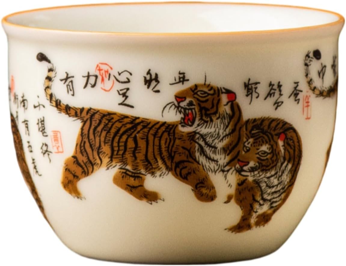 仿古猪油黄缸杯创意陶瓷主人杯单杯家用 Ceramic Kung Fu Tea Set,teapot,Teacups,warming Wedding Birthday Gift,Tea Tray Chinese,Dishwasher Safe 仿古缸杯-虎虎生威【容量120ML】