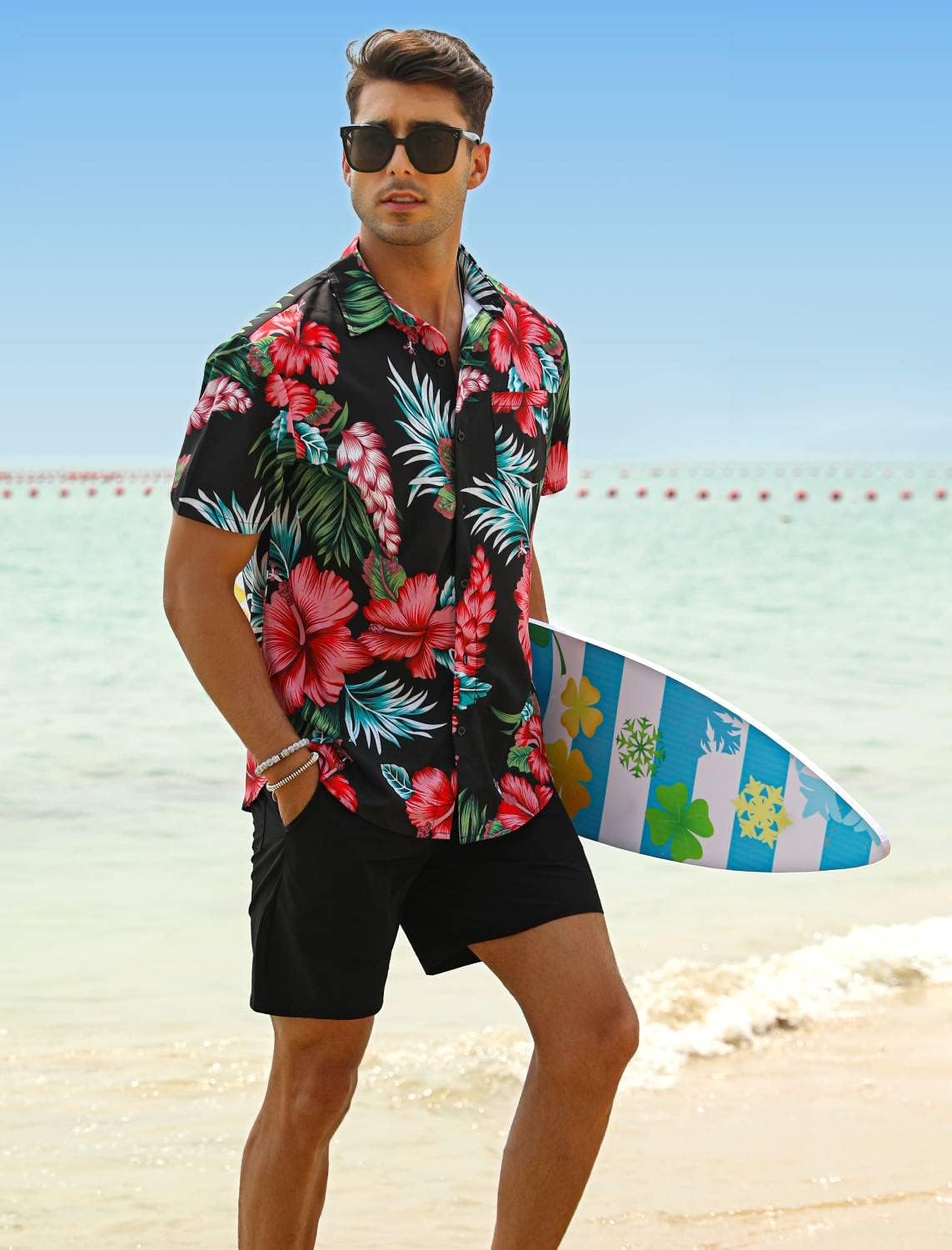 EISHOPEER Men's Flower Shirt Hawaiian Sets Casual Button Down Short Sleeve Shirt and Solid Quick Dry Beach Shorts S-3XL