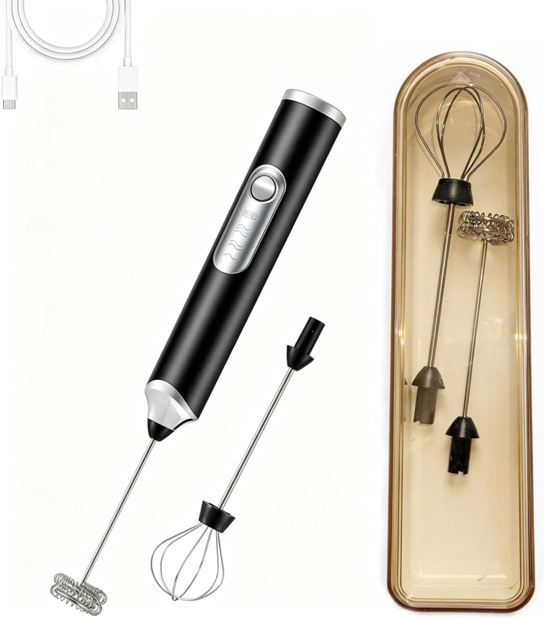 Handheld Electric Milk Frother with 2 Heads, Coffee Whisk Foam Mixer with USB Rechargeable 3 Speeds, Foam Maker Blender for Latte, Cappuccino, Hot Chocolate, Egg (Black with Box)