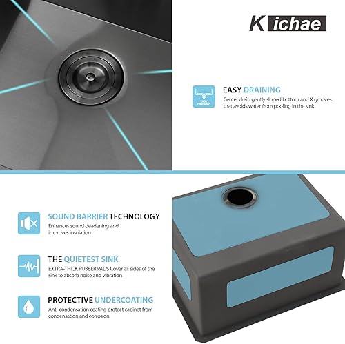 Miniatura 159 de Kichae Fregadero de lavandería de 21 x 18 pulgadas, fregadero de acero inoxidable de 12 pulgadas de profundidad para debajo de la encimera, lavabo