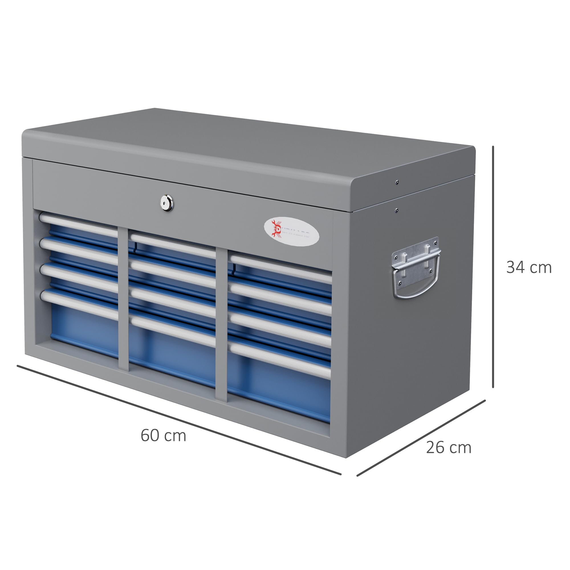 DURHAND Caisse Boite à Outils en métal avec 6 tiroirs et 1 Plateau supérieur, verrouillable avec 2 clés fournies, 2 poignées, Bleu