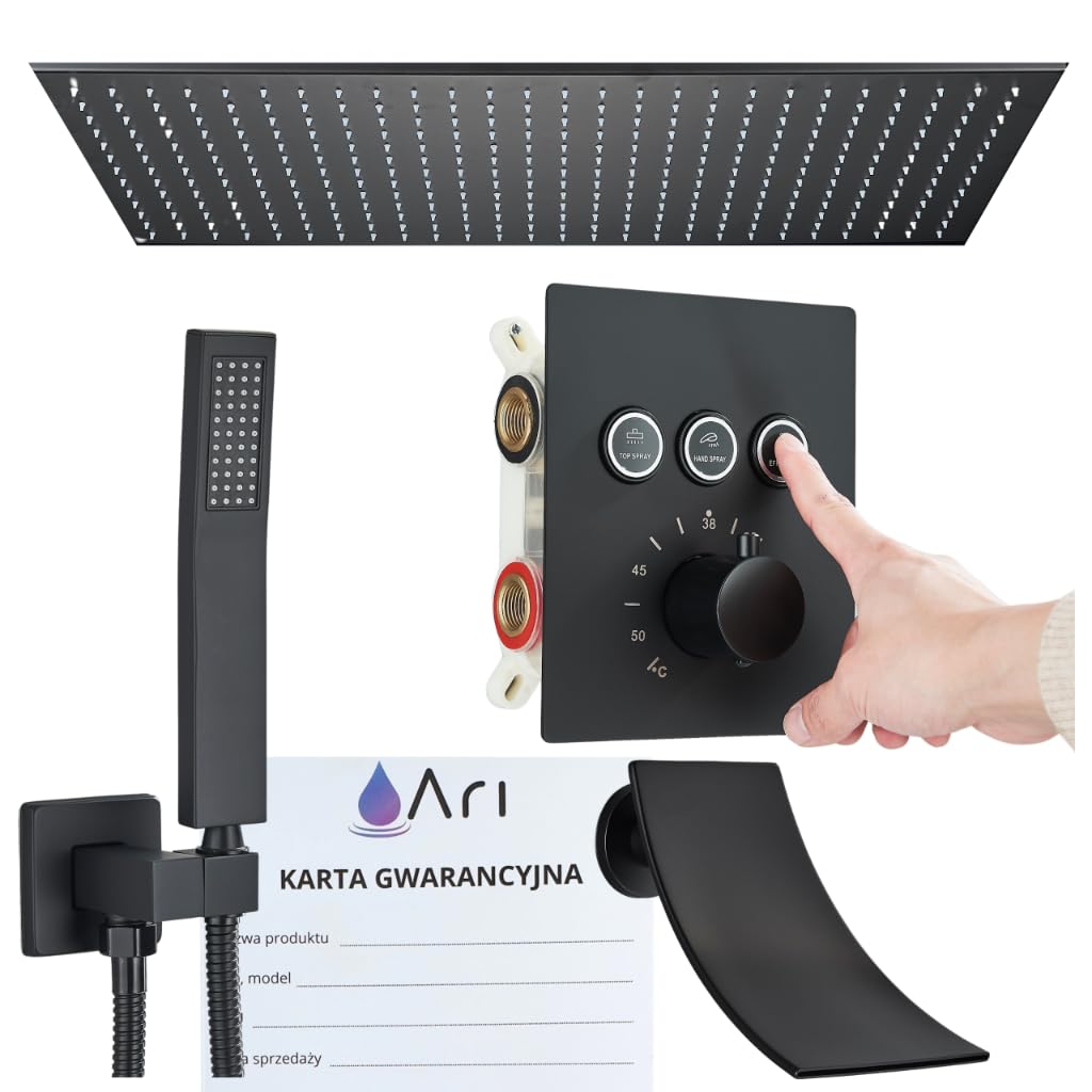 Ari Podtynkowy system prysznicowy z termostatem, 80 x 40 cm, deszczownica, wodospad, zestaw prysznicowy z podtynkowym korpusem do zabudowy, skrzynka i słuchawka prysznicowa, mosiężna, stal nierdzewna