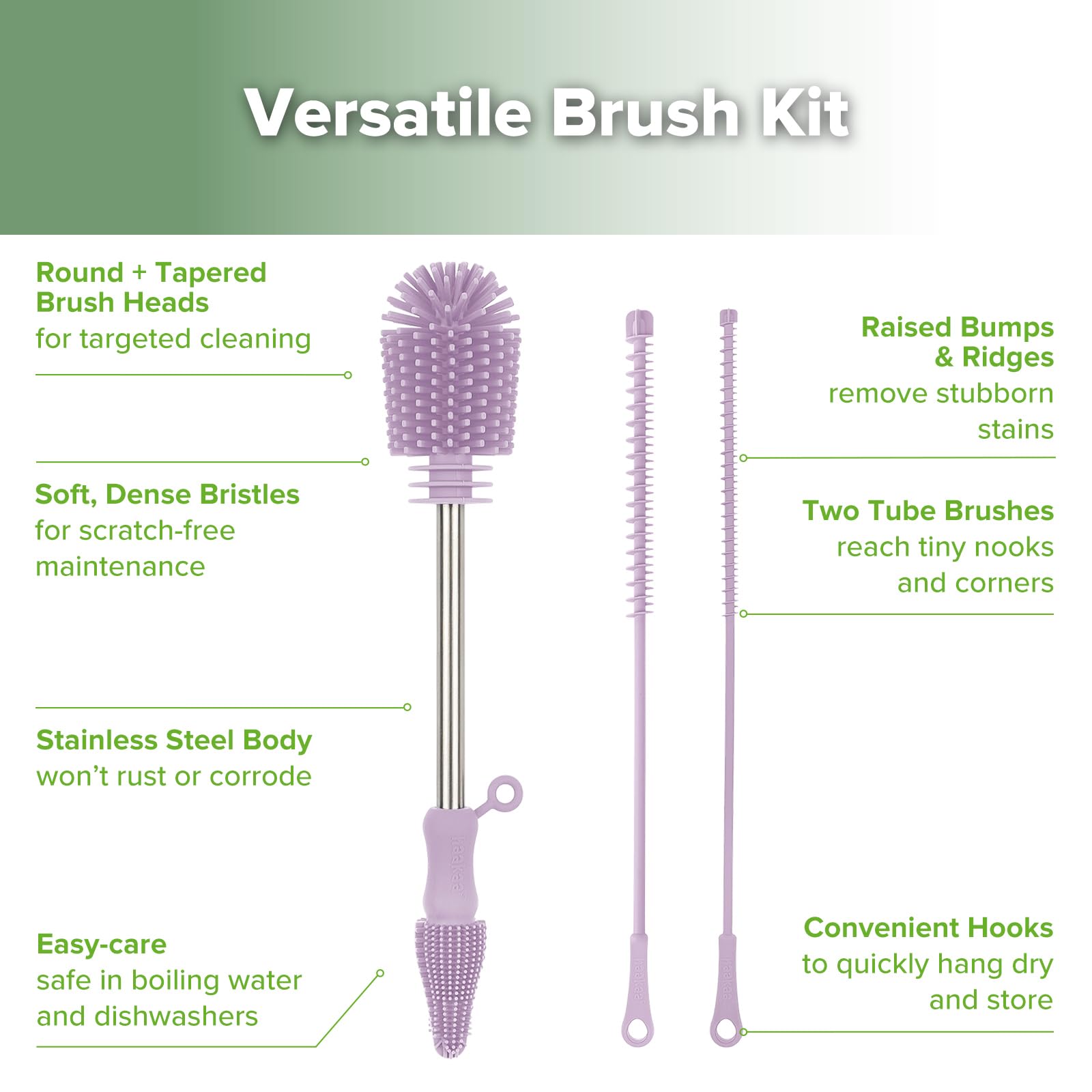 haakaa Silicone Multifunctional Cleaning Brush Kit (Lavender), Bottle Brush for Breast Pumps Breast Milk Collector - Image 4
