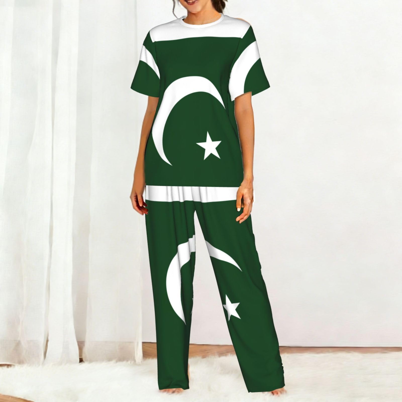 Flaga Pakistanu Nadruk Damski Zestaw Piżamy Z Krótkim Rękawem Bielizna Nocna Letnia Miękka Wygodna Domowa Bielizna Nocna