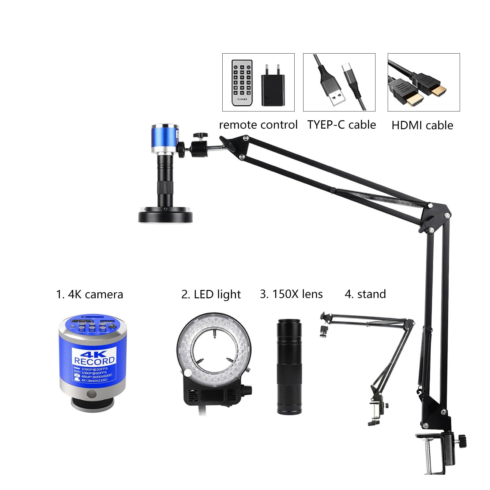 Full 4K 1080P Industrial Video Microscope HDM/I USB Digital Camera With Sensor 1-150X Zooms Remote Control(4K Ultra HD Set B)