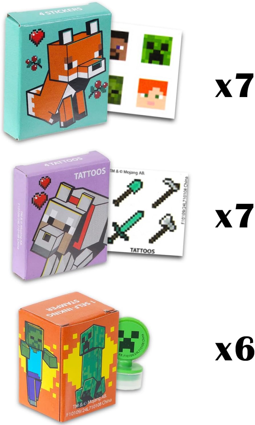 Minecraft Valentine's Day Classroom Gift Exchange Set - Bundle with 20 Party Favor Boxes with Stickers, Tattoos, Stampers for Classroom Party | Minecraft Valentines Party Favors