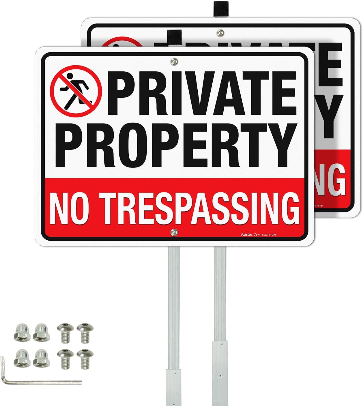 Faittoo No Trespassing Sign Private Property with 36″ Stake for Outside, 2-Pack 14″x10″ Rust Free Heavy Aluminum, Reflective, Fade Resistant, 2 pre-drilled Holes, Includes Matching Screws & Wrench Faittoo No Trespassing Sign Private Property with 36″ Stake for Outside, 2-Pack 14″x10″ Rust Free Heavy Aluminum, Reflective, Fade Resistant, 2 pre-drilled Holes, Includes Matching Screws & Wrench