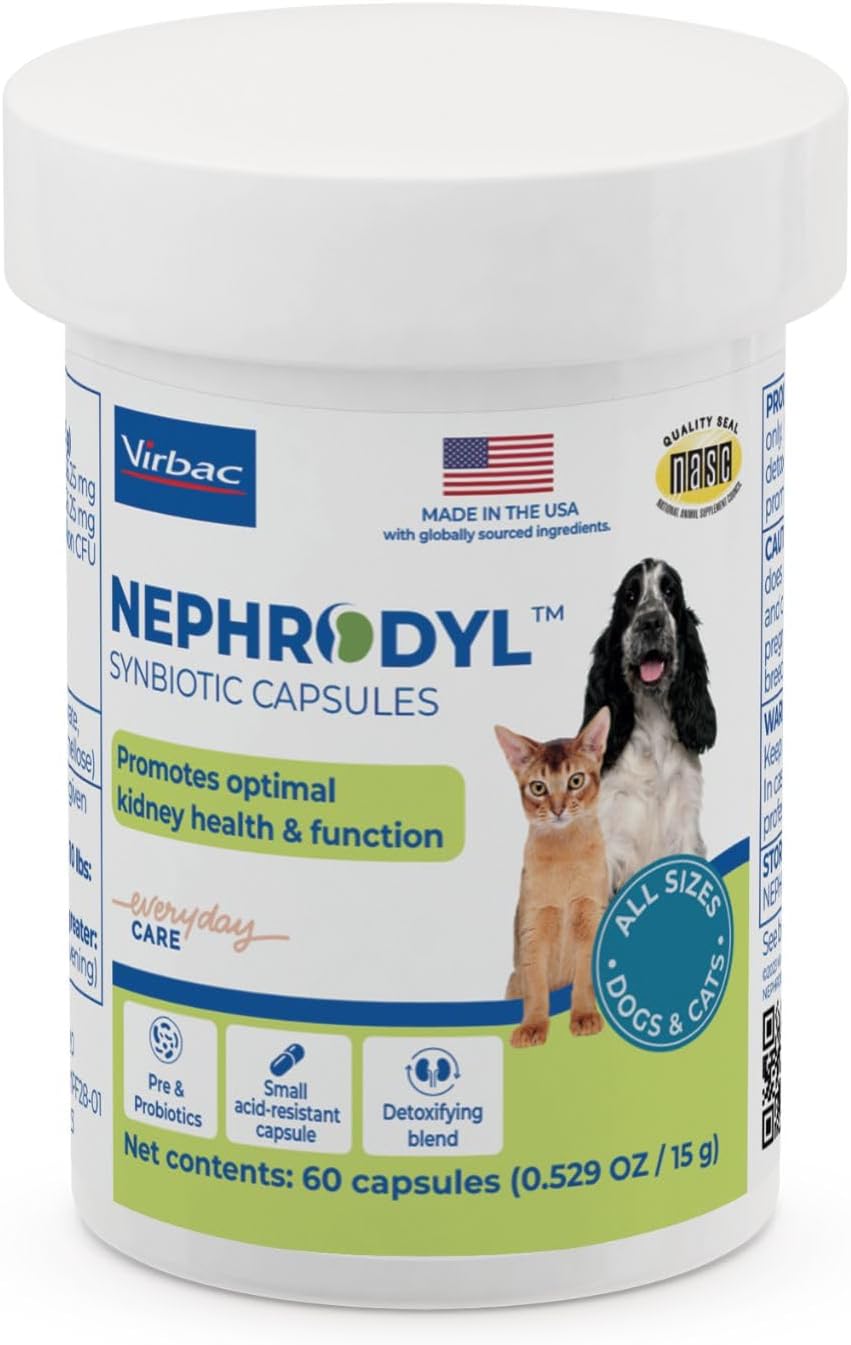Virbac NEPHRODYL® Synbiotic Capsules - Kidney Support Supplement for Cats & Dogs, Probiotics & Prebiotics for Digestive Health, Small & Easy-to-Swallow Capsules, Made in The USA