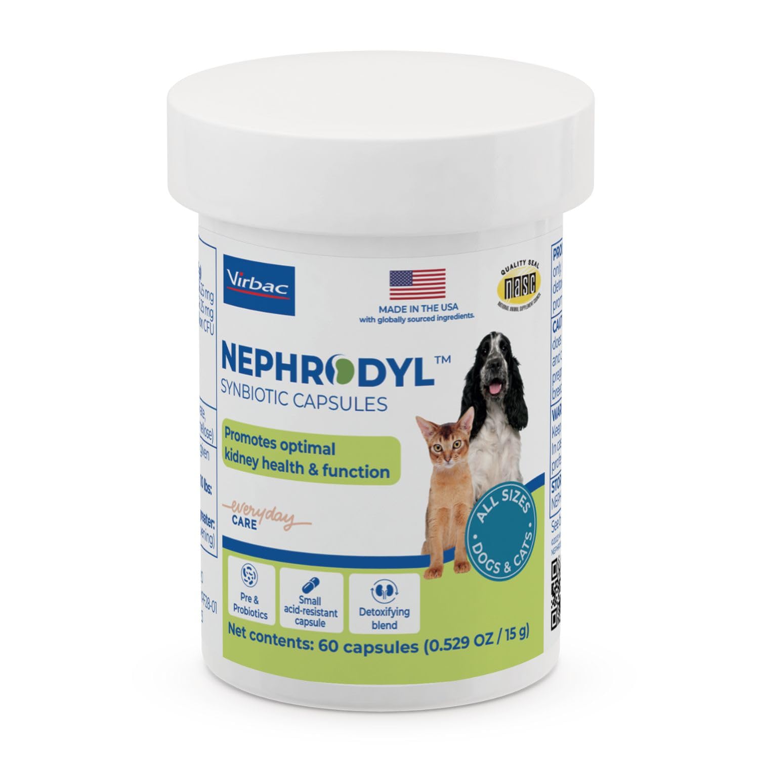 NEPHRODYL Synbiotic Capsules - Kidney Support Supplement for Cats & Dogs, Probiotics & Prebiotics for Digestive Health, Small & Easy-to-Swallow Capsules, Made in The USA- 60 Ct