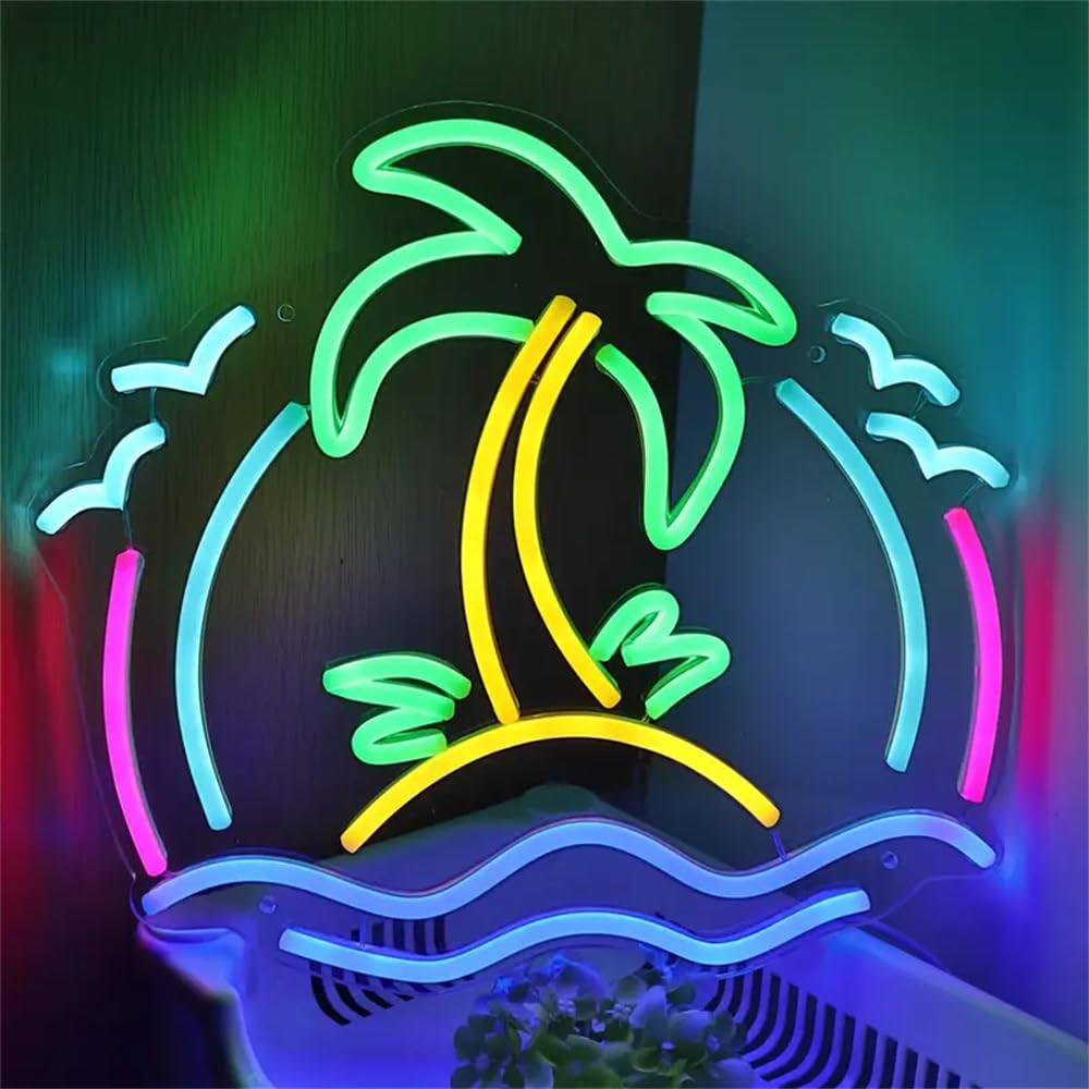 Panneau néon LED alimenté par USB en forme de cocotier et scène de plage pour fêtes, bière, bar, café, plage, paysage naturel, décoration pour boissons froides, lait, thé
