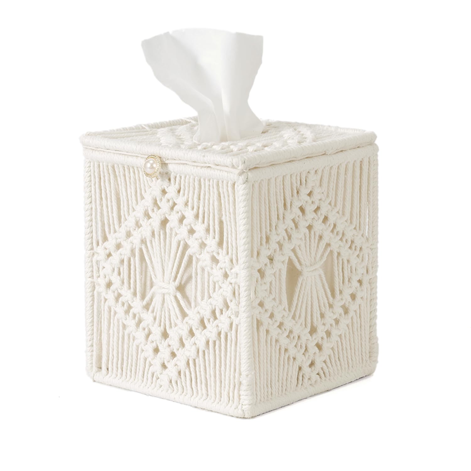 Tissue Box Cover Square Open-Bottom Tissue Box Holder Boho Decor Tissue Organizer Bohemian Handmade Woven Tissue Cube Box for Bathroom Bedroom Dresser