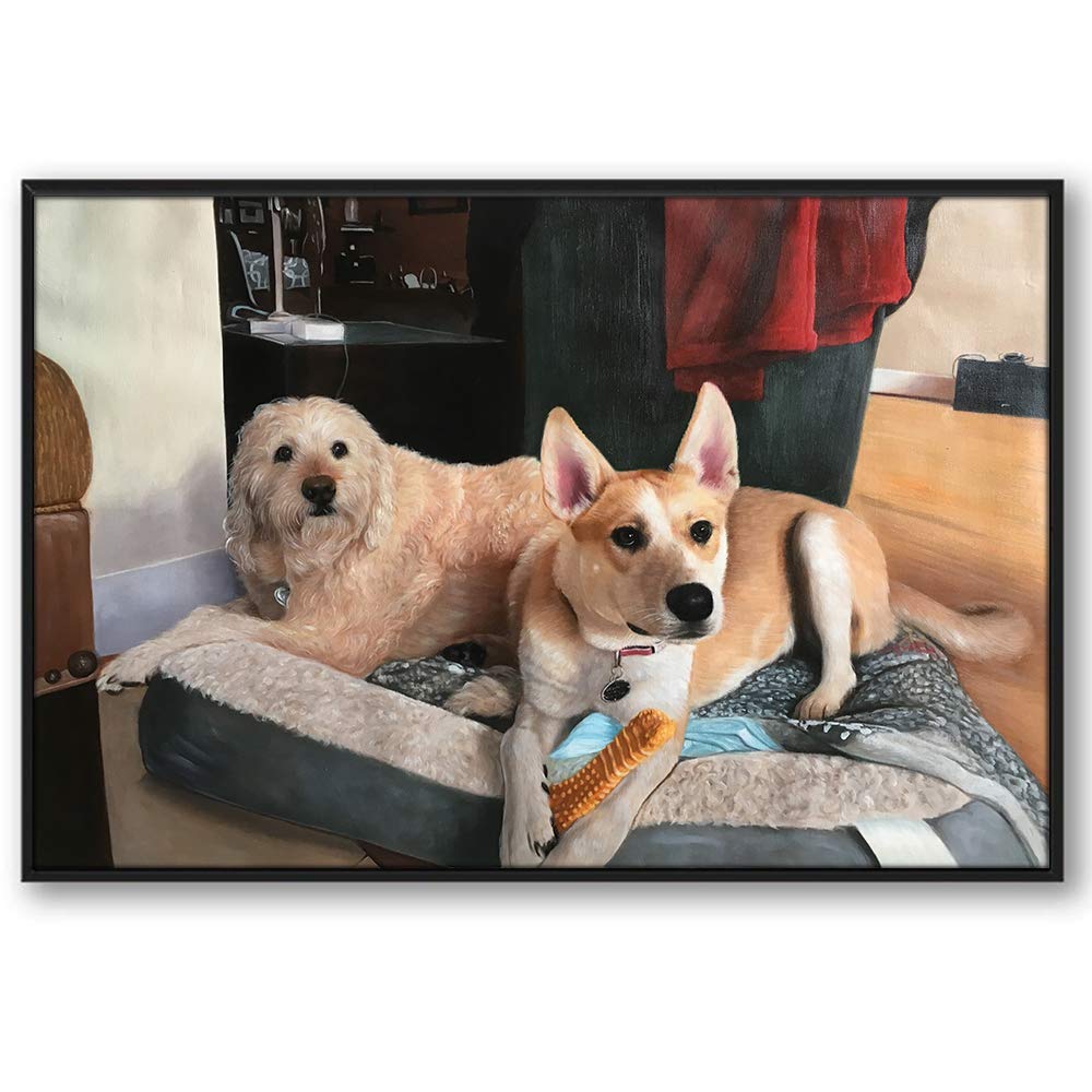 ENGLANT Framed Custom Hand Painted Portrait Painting with Your Photos, Personalized Canvas Animal Wall Art, Customize Photo to Painting for Dog, Pig, Cat Pet(Black Frame 24x36inch(2pets))