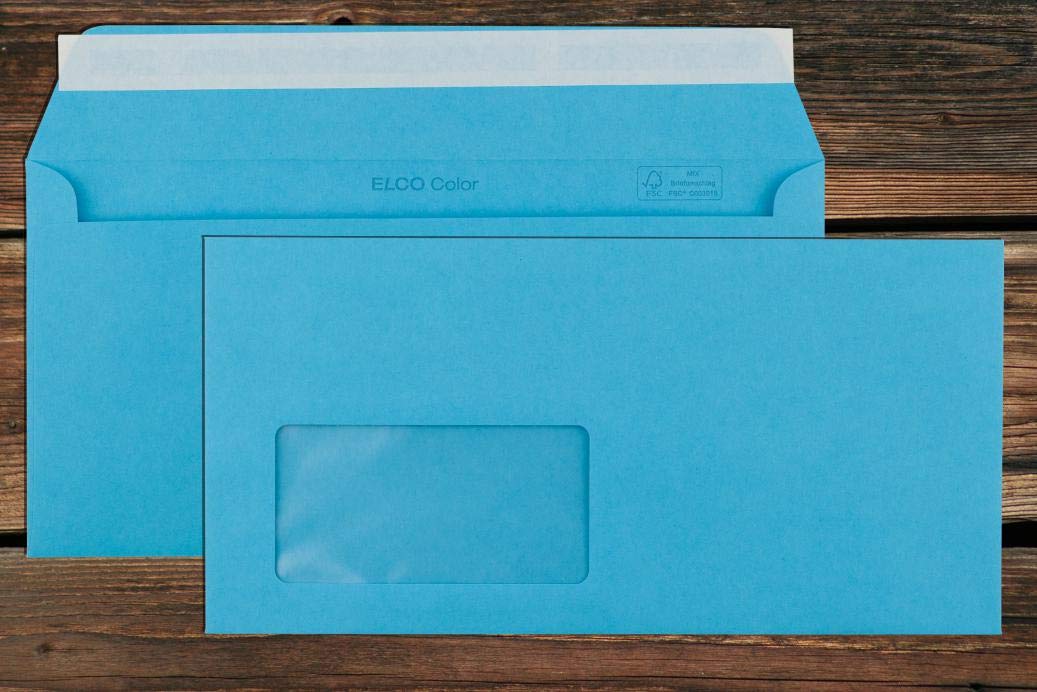 Blaue Elco Color Briefumschläge mit Fenster (lasertauglich) / 114 x 229 mm (DL) / mit Abziehstreifen/haftklebend / 250 Stück