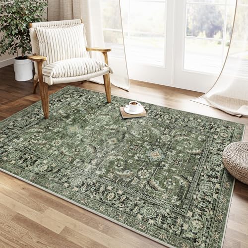 HUGEAR Vintage Grün Waschbarer Läufer Teppich Flur 60x240cm Bettvorleger Küchen Wohnzimmer Schlafzimmer Teppiche rutschfest Kurzflor Weich Flurläufer Teppichläufer Retro Grün 60 x 240 cm (Lä