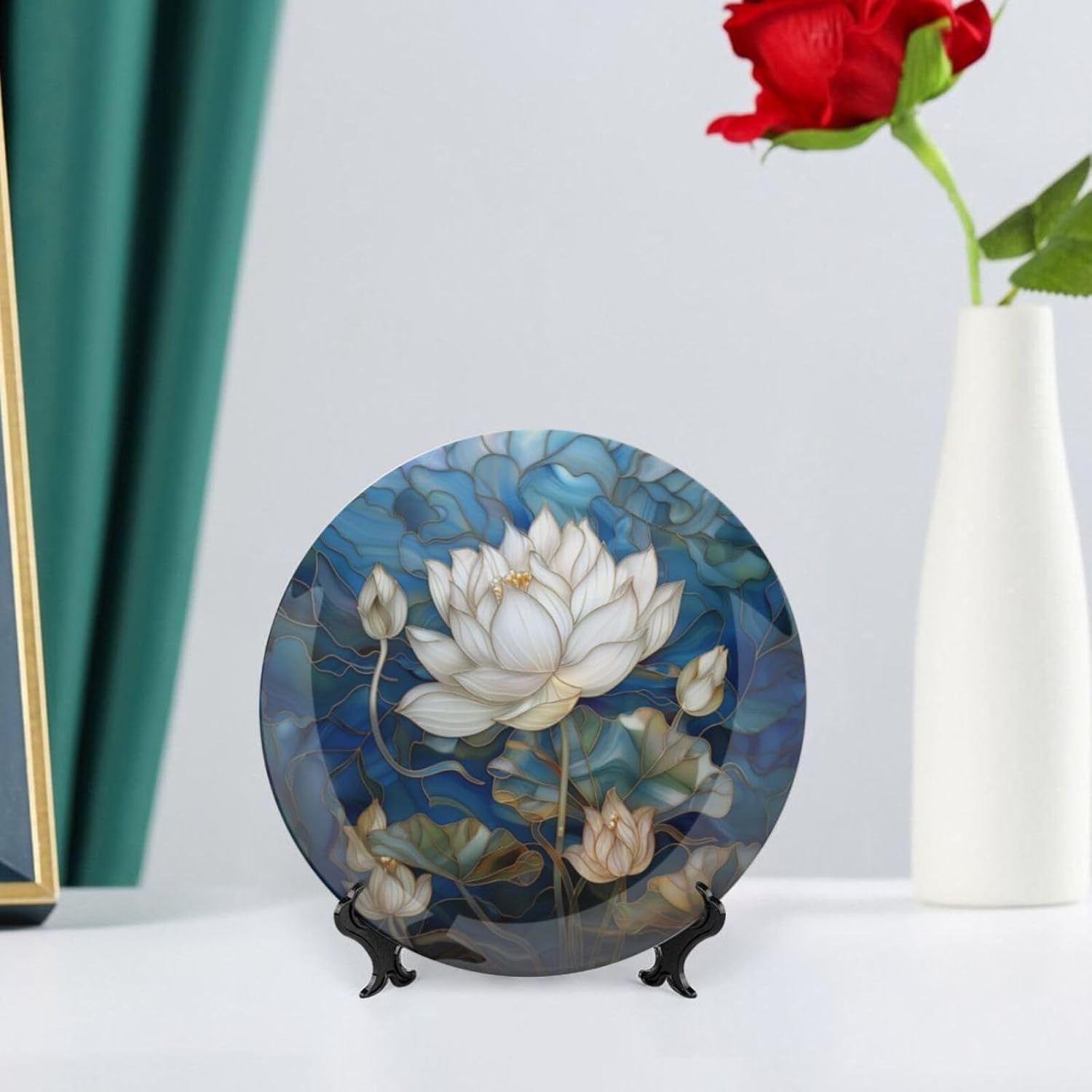Stained Glass Theme Decorative Ceramic Plate Round Porcelain Plate,10 inch,Flowers in The Pond Pattern,for Decorative Ornaments Giving Plates, 1 Plate with 1 Display Stand,Blue White