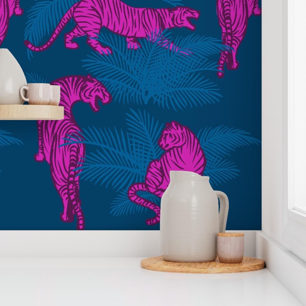 Peel & Stick Wallpaper 12ft x 2ft - Maximalist Jungle Tigers Fuchsia Blue Bright Animal Print Big Cats Custom Removable Wallpaper by Spoonflower