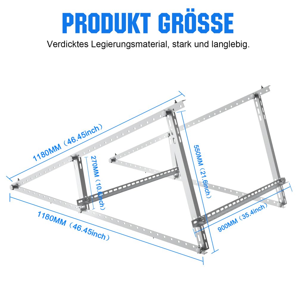 Wzmocniony uchwyt na panel słoneczny, aluminium, wzmocniony uchwyt balkonowy do elektrowni 118 cm, kąt montażowy 0-90°, do paneli słonecznych 100 W-800 W, nadaje się do płaskich dachów, ścian,