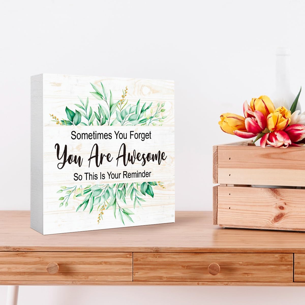 You Are Awesome Wooden Block Sign, Your Reminder Encouraging Desk Decor With Motivational Quote 5" x 5", Inspirational Gift For Her Office & Home image 3