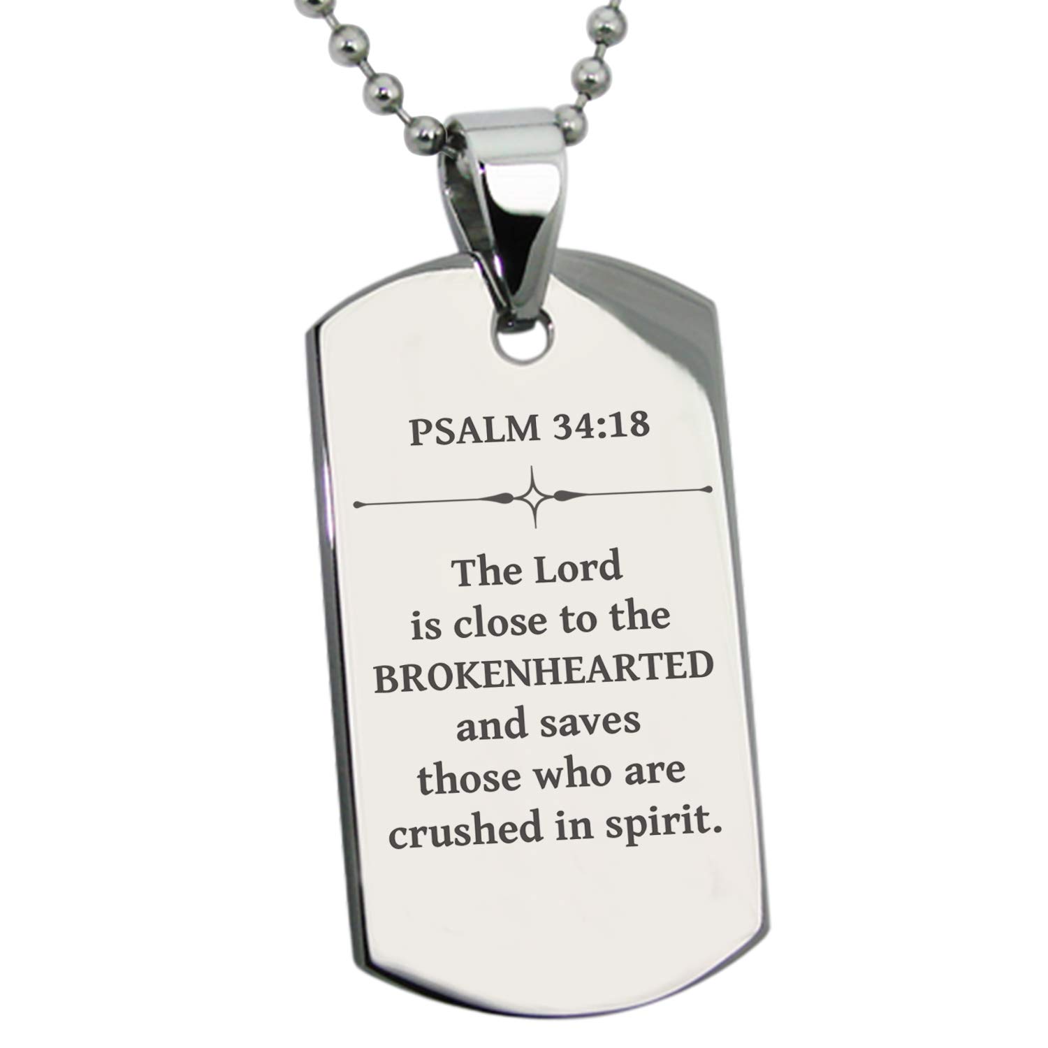 Tioneer Stainless Steel Brokenhearted Psalm 34:18 Dog Tag Pendant Necklace