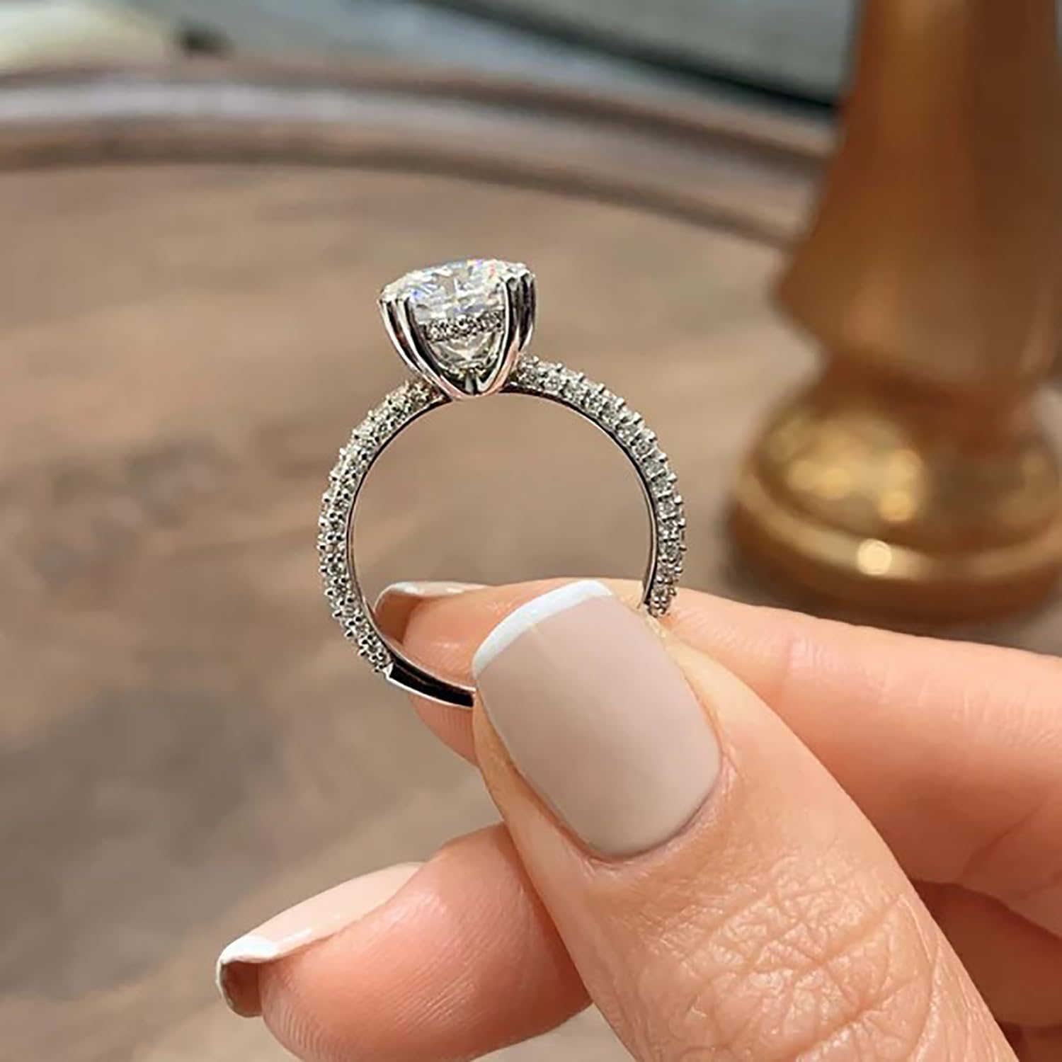 S925 Sterling Silver Moissanite Engagement Rings Round Cut Promise Ring Engraved Names Bands for Women Her Wedding Anniversary Size 4-12