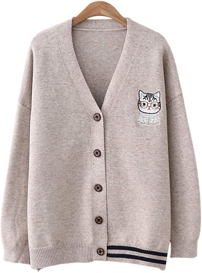 Amazon レディース ニットカーディガン ゆったり かわいい 猫柄刺繡 カジュアル 制服 レディース ニットカーディガン おしゃれ 前開き セーター トップス アウター きれいめ Vネック 着瘦せ 秋 冬 ベージュ カーディガン ボレロ 通販