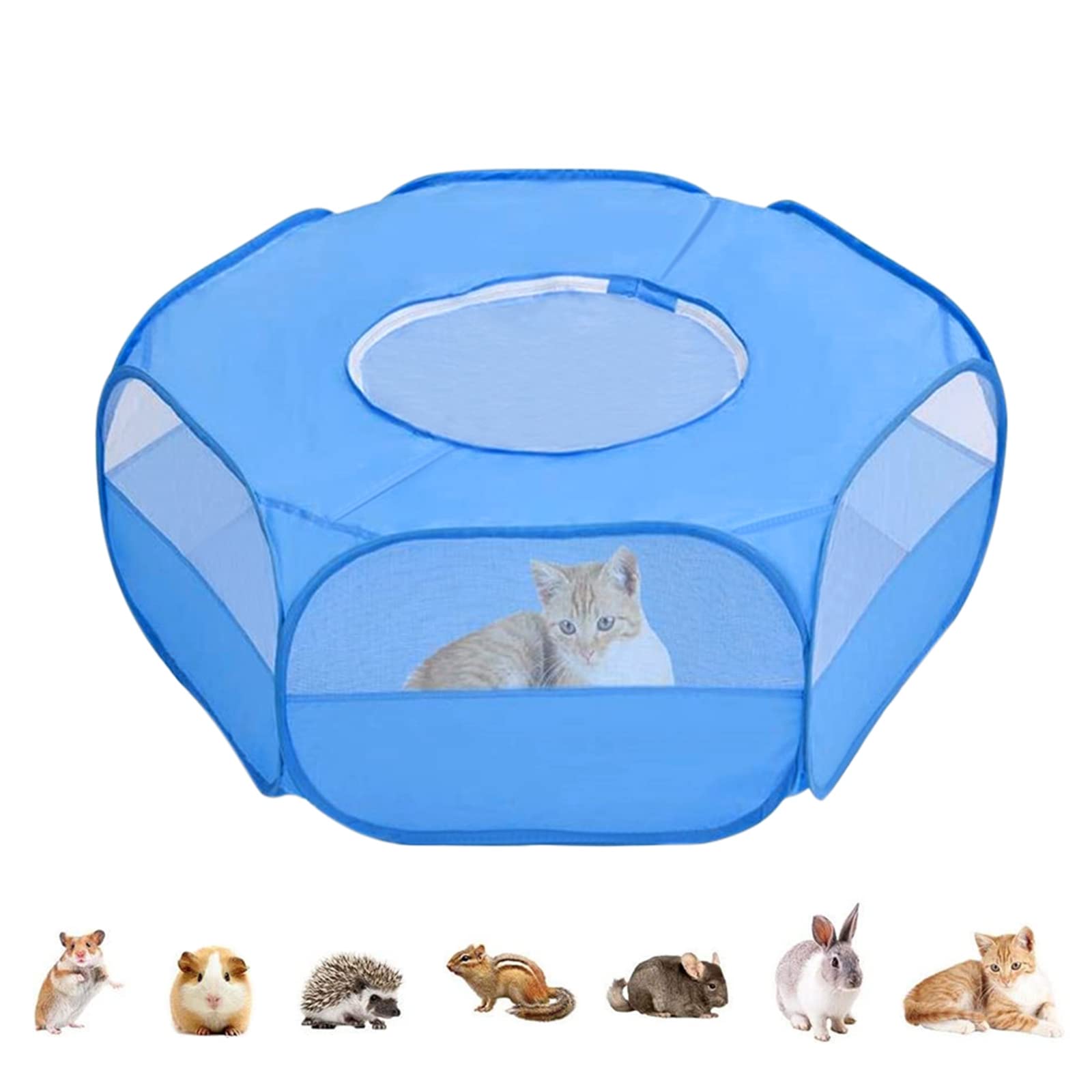 Hileyu Kleintier-Laufstall Kleines Haustier-Käfig-Zelt mit Reißverschluss-Abdeckung Faltbarer Indoor-Outdoor-Übungs-tragbarer Hofzaun für Hamster, Kaninchen, Häschen, Eichhörnchen, Welpen Blue