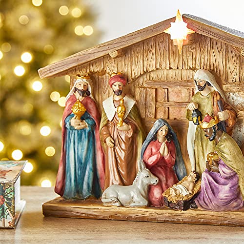 Image of Glitzhome Nativity Sets for Christmas Indoor with Light Star, Light Up Resin Nativity Scene Set for Tabletop Decor Hand Painted Lighted Christmas Nativity Figurines with Stable Xmas Manger Scene