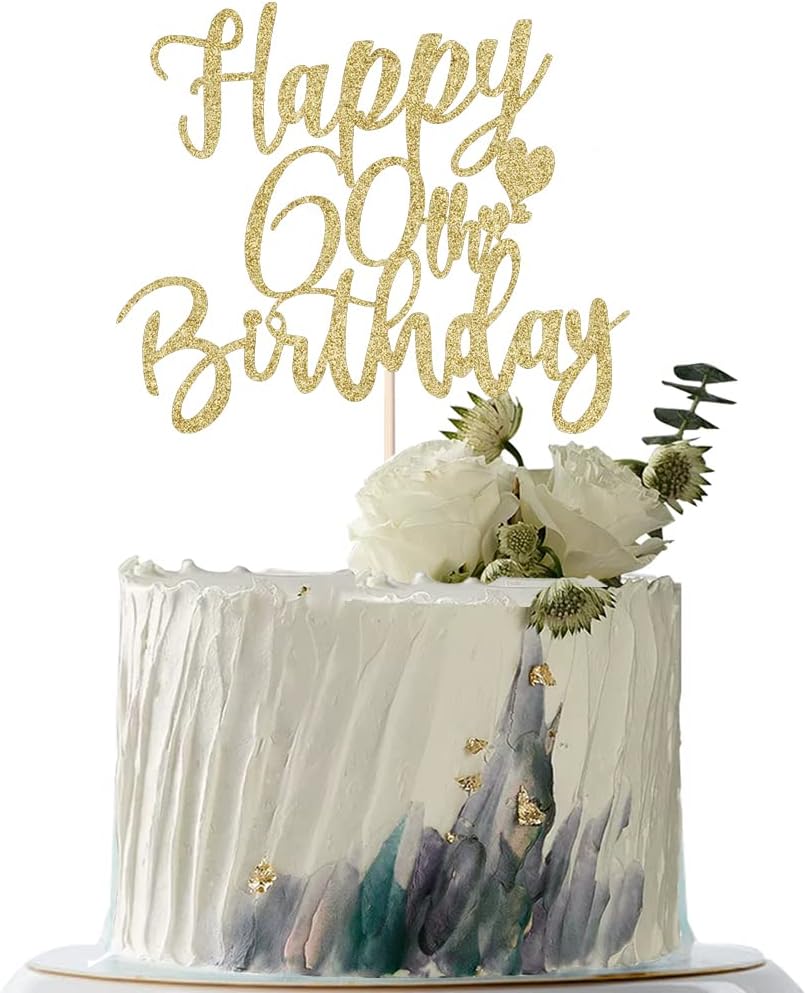 60th Handmade Glitter happy birthday Cake Topper, Cheers to 60th birthday Cake Bunting Decor,Party Decoration Supplies (Gold)