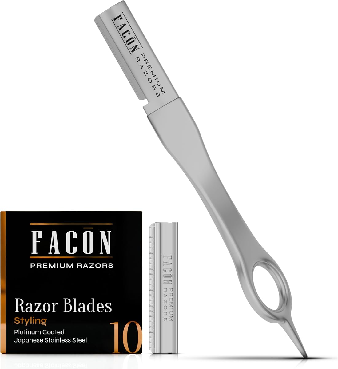 Facón Maquinilla de Afeitar Barba para Hombres - Kit Profesional de Herramientas para Dar Forma a la Barba con 11 Cuchillas de Repuesto, Modelador de Bigote, Bordeadora y Alineación, Maquinilla de Afeitar de Borde Recto de Precisión Premium, Hoja 100% de Acero Inoxidable