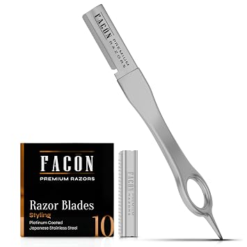 Facon Beard Razor for Men - Professional Beard Shaping Tool Grooming Kit with 11 Replacement Blades, Mustache Shaper, Edger & Lineup, Premium Precision Straight Edge Razor 100% Stainless Steel Blade