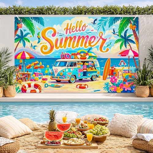 Image of BlissYard Summer Party Decorations 71 x 43 Inch Hello Summer Beach Party Backdrop Banner Surf Van Aloha Luau Party Decorations Pool Party Photo Booth Background Indoor Outdoor Wall Decor