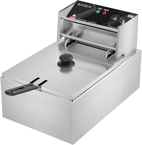 ROVSUN Freidora eléctrica de 11.4 cuartos de galón con cesta y tapa, freidora de cocina comercial de 2500 W, freidora francesa de acero inoxidable