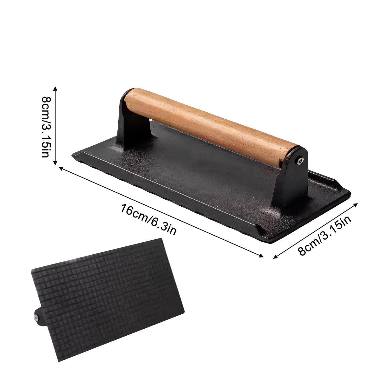 Pressa per bistecca con manico in legno, antiaderente, per barbecue all'aperto, campeggio, cucina di casa, frusta per hamburger perfettamente cotti