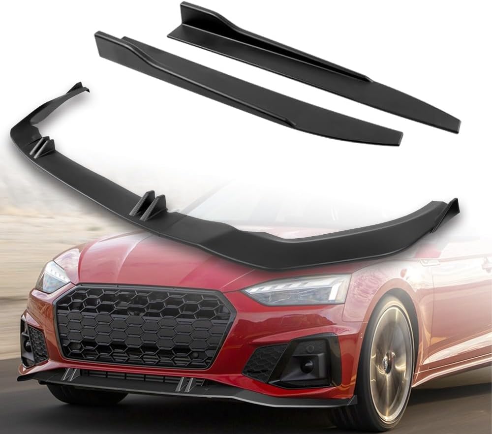 Stay-Tuned, 5PC ABS STP-Style Front Bumper Lip Spoiler Body Kit+Universal 31" Side Skirt Diffuser, Compatible with 2020-2022 Audi A5 S5 S-Line, Exterior Accessory (Unpainted Black)