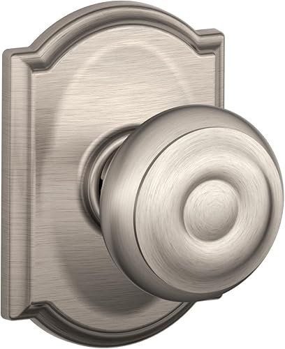 Schlage F10 GEO 619 CAM - Pomo georgiano con moldura Brookshire, cerradura de paso para pasillos y armarios - Níquel satinado