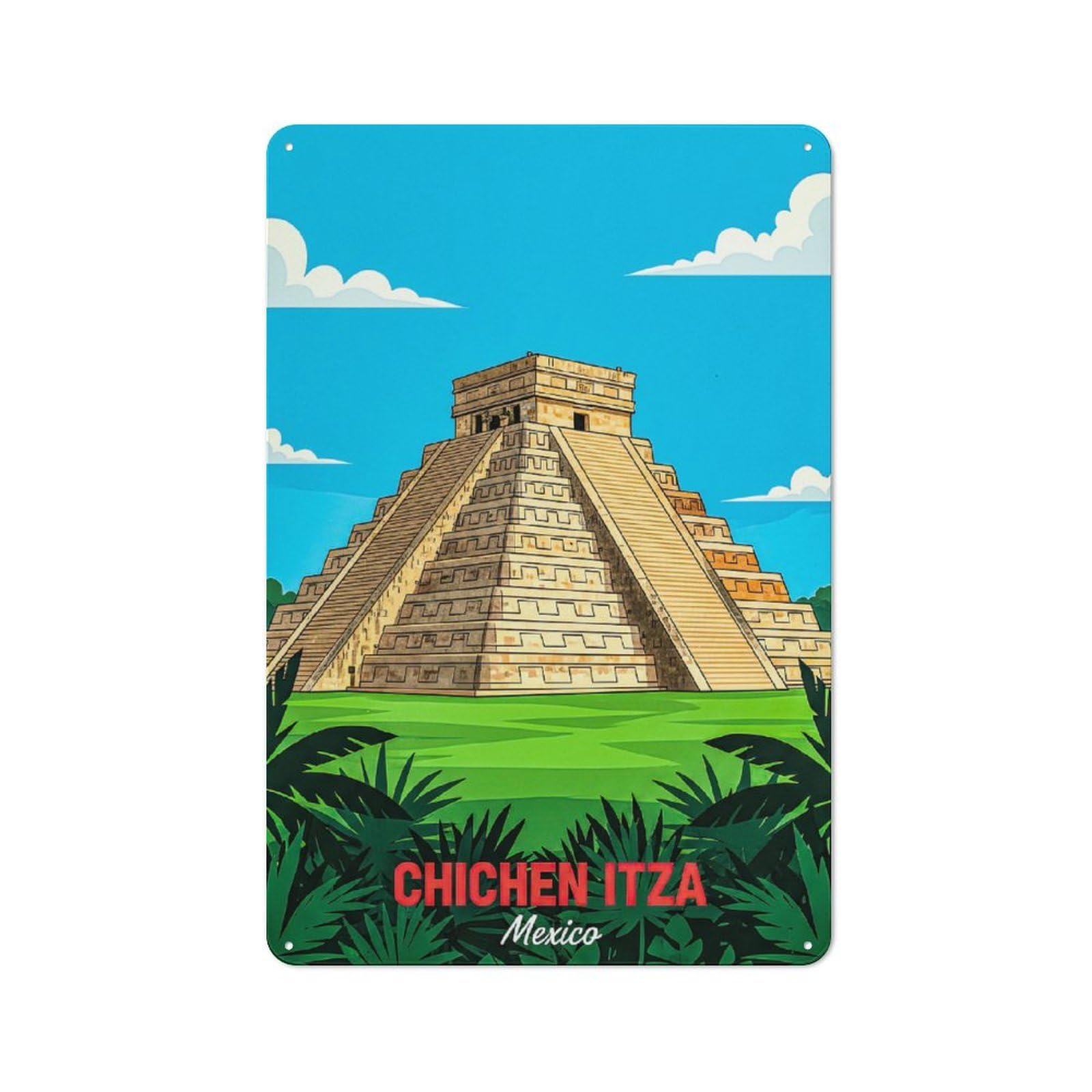 Junmoney Style Chichen Itza Pyramid In Mexico(2) Vintage Metal Sign 30X20cm, Shop Front Cafe Wall Decor For Takeaway, Bar, Kitchen Or Counter Area
