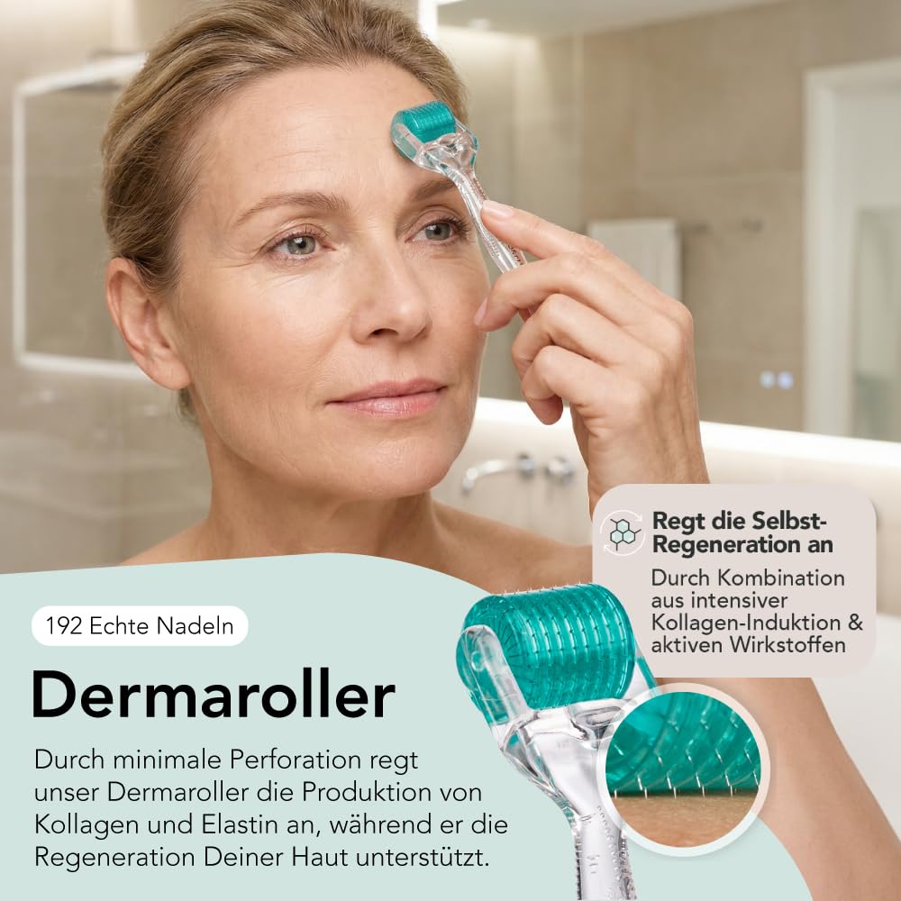 Dermaroller 0,5mm ECHTE Nadeln - Microneedling Anti Aging System 1 Monat - gegen Falten & schlaffe Haut - Zornesfalte, Strinfalten, Augenfalten, Nasolabialfalten, Mundfalten - FACES OF FEY