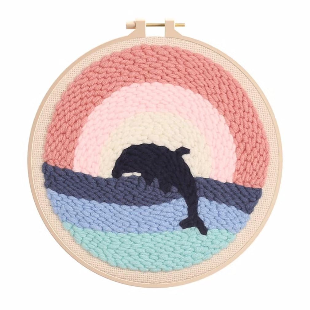 Punch Needle Kit Punch Needle Tool with Stamped Fabric, Hoops, Yarns and Punch Needle, Needle Punch Kit for Adults Beginner Dolphin