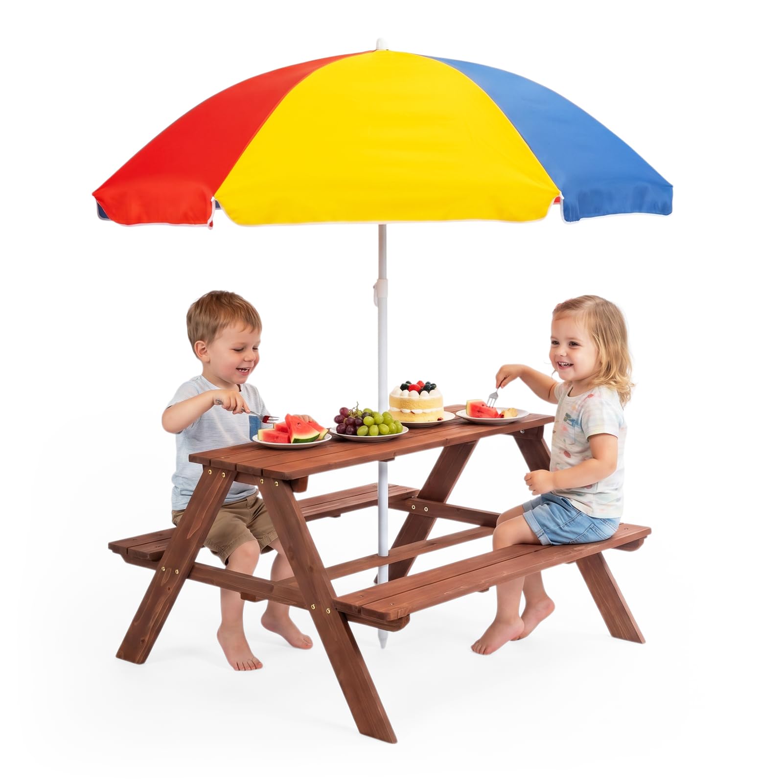 Bonnlo Kids Picnic Table with Umbrella, Wooden Toddler Picnic Table and Chair Set with Removable Parasol, Outdoor Activity Table with Benches for Patio Garden Backyard (Dark Brown)