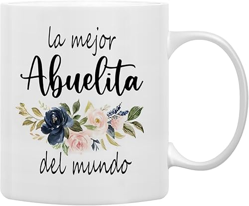 QASHWEY Taza de café floral con texto en inglés "Best Grandma in The World", taza de cerámica impresa de doble cara para cumpleaños de abuelas de