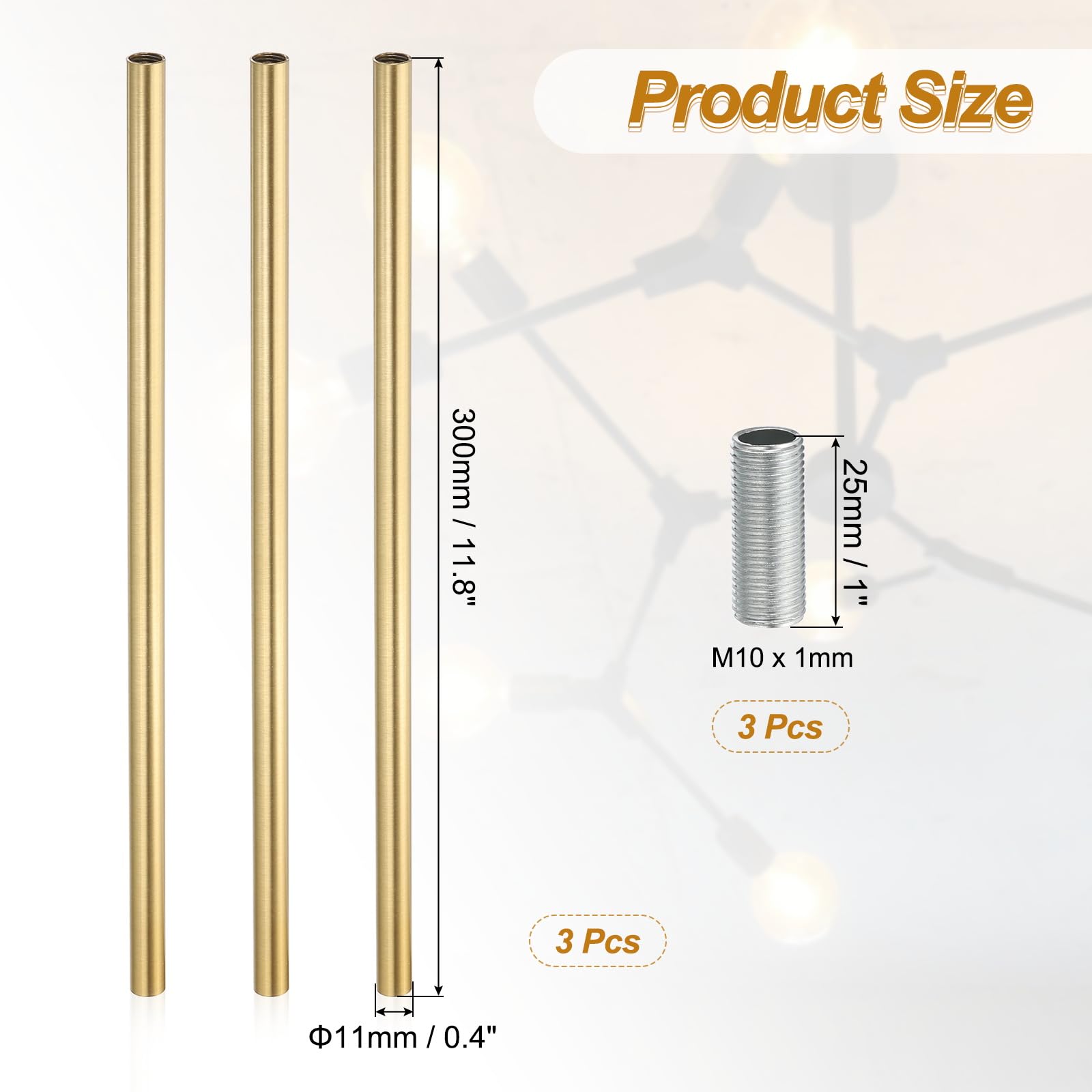 PATIKIL 3 Sets Varilla De Extensión Roscada M10 X1mm Con Niple Latón - 11.8" Para Lámparas