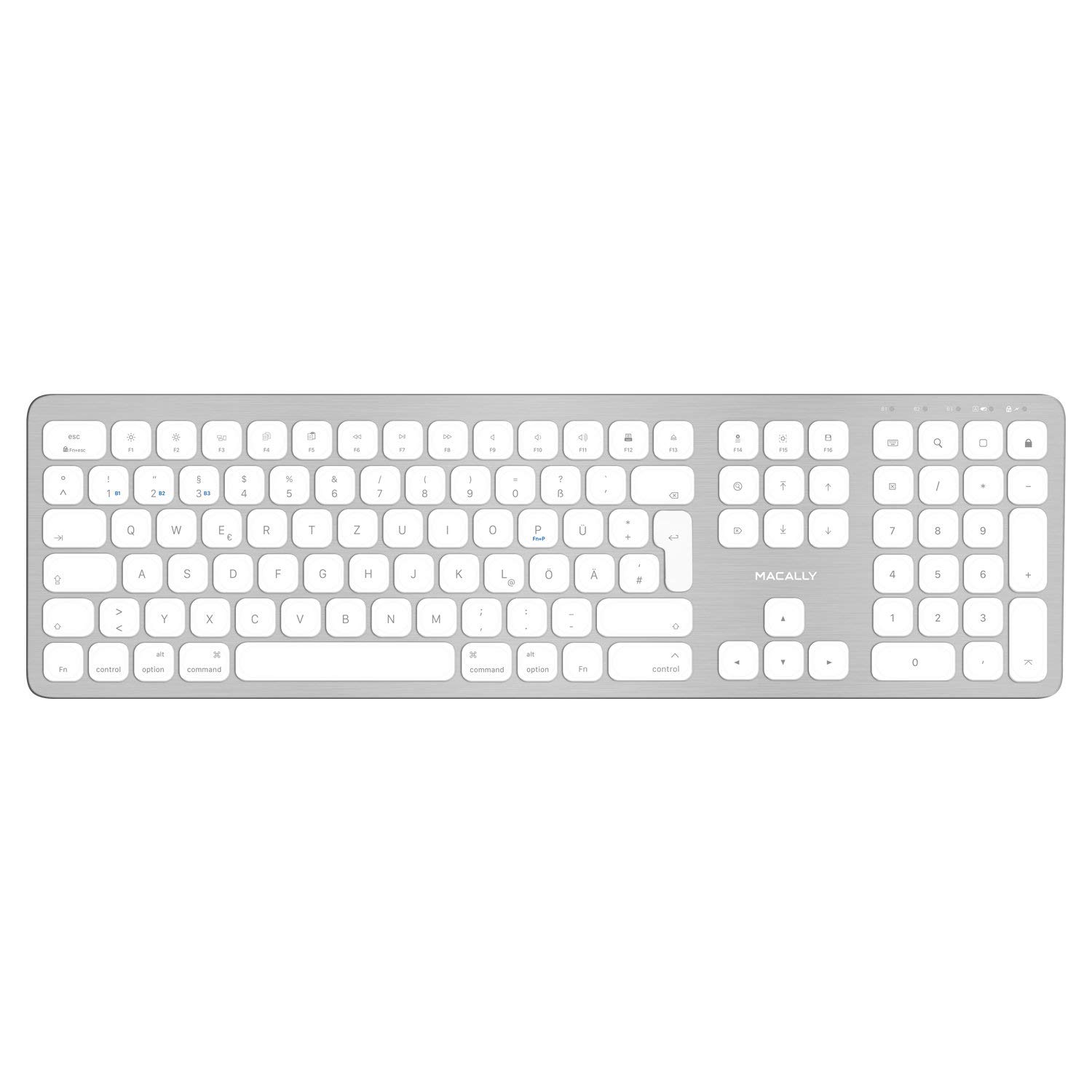 Macally BTWKEYMB-DE, erweiterte Quick-Switch Bluetooth Funk-Tastatur für Mac, PC, iOS und Android, Ziffernblock, deutsches QWERTZ Layout mit Umlauten, Alu-Design