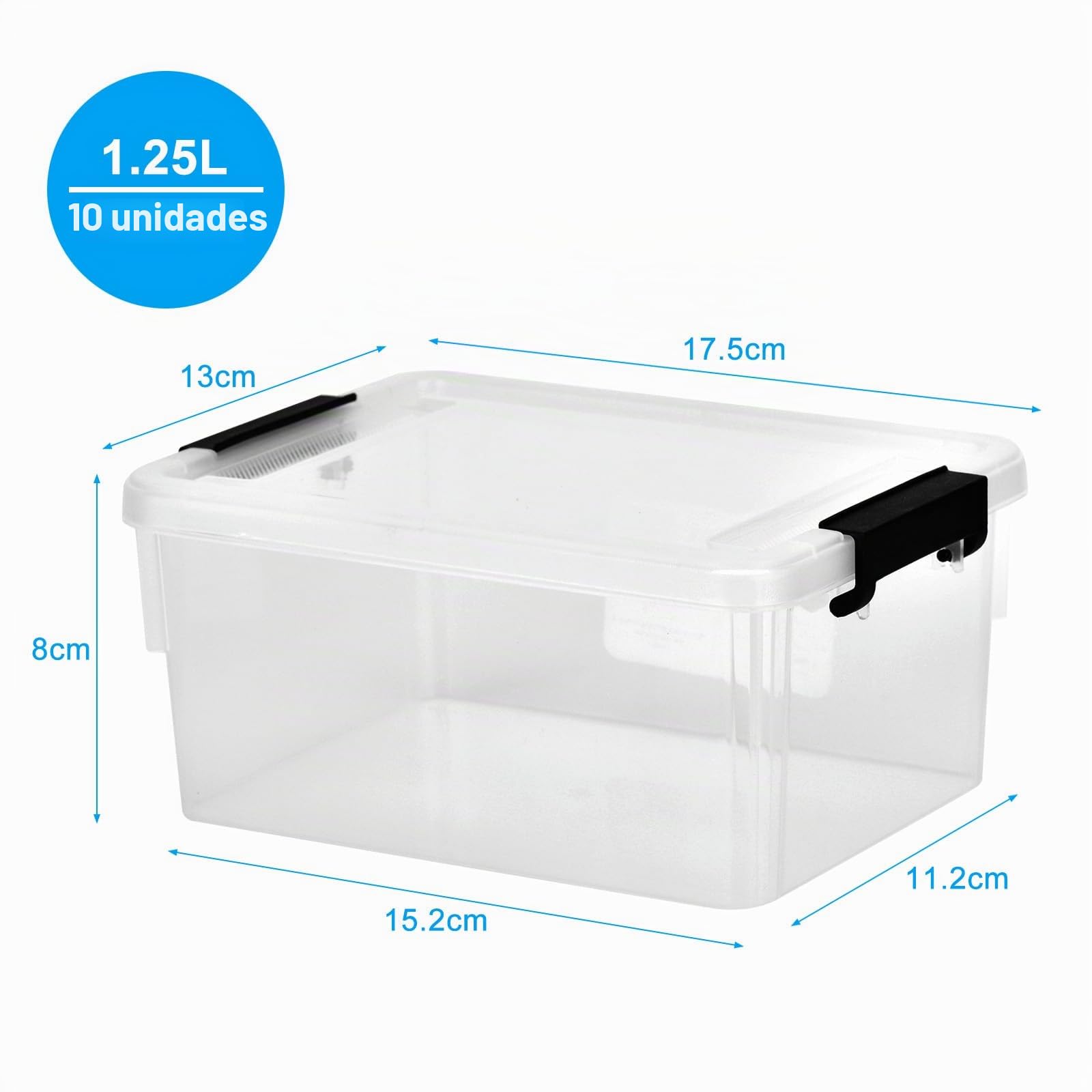 Queta Paquete de 10 cajas de almacenamiento con tapas de plástico transparente apilables, caja para estantes, juguetes, cajas con asas, contenedor de almacenamiento con cierre de clic, 1 litro