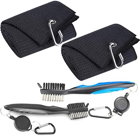 Review 2 Pack Golf Towels Golf Club Brush Groove Cleaner Tool Set Black Microfiber Waffle Pattern Tri-Fold Golf Club Ball Cleaning Towel For Golf Bags With Clip Men Women Golf Gifts …