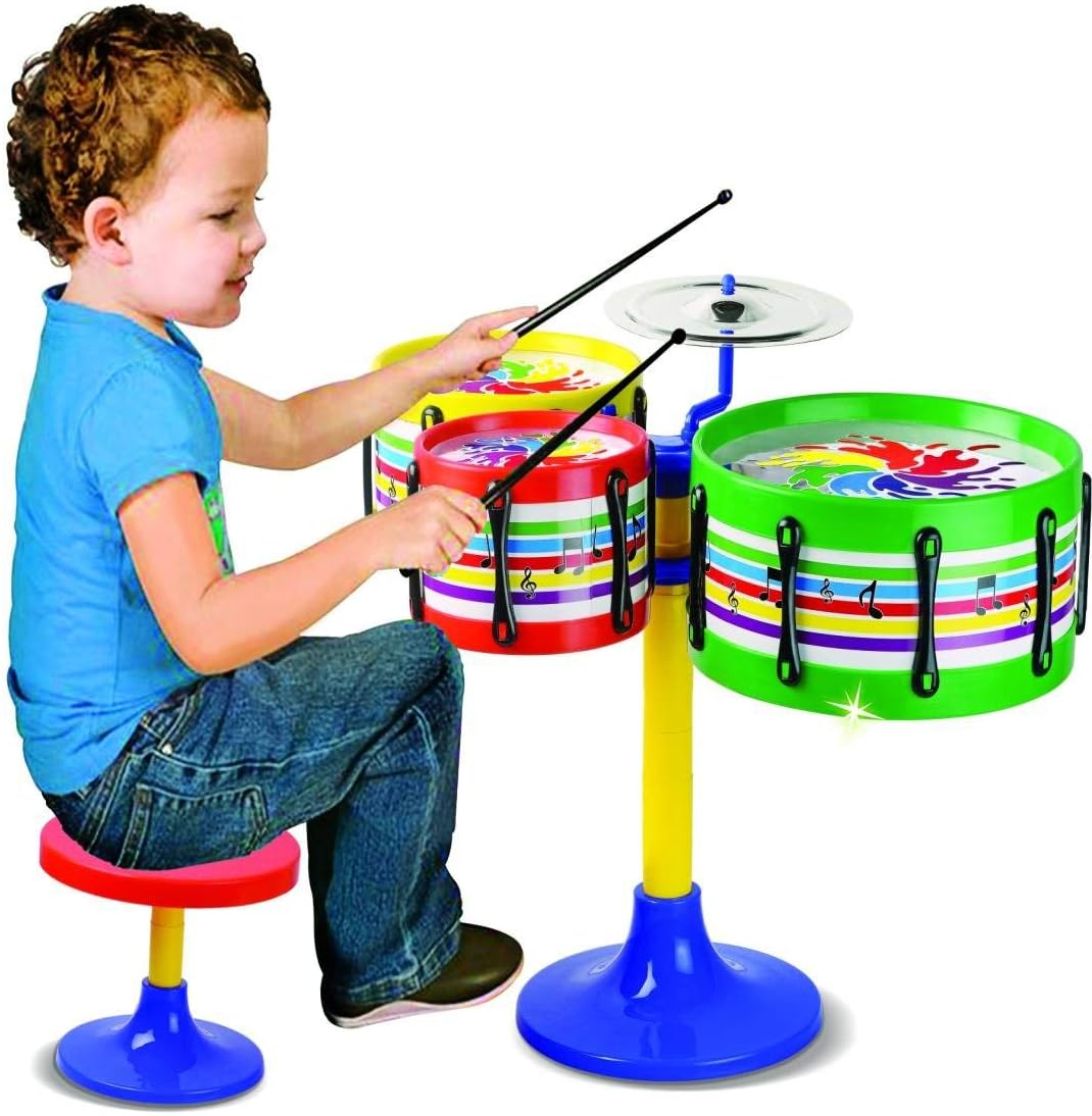 Ap Kids Toys Jazz Drum Set Senior Musical Band Instruments with 3 Drums, 1 Dish, 1 Stool & Sticks for Kids ( Assorted Colors & Designs )