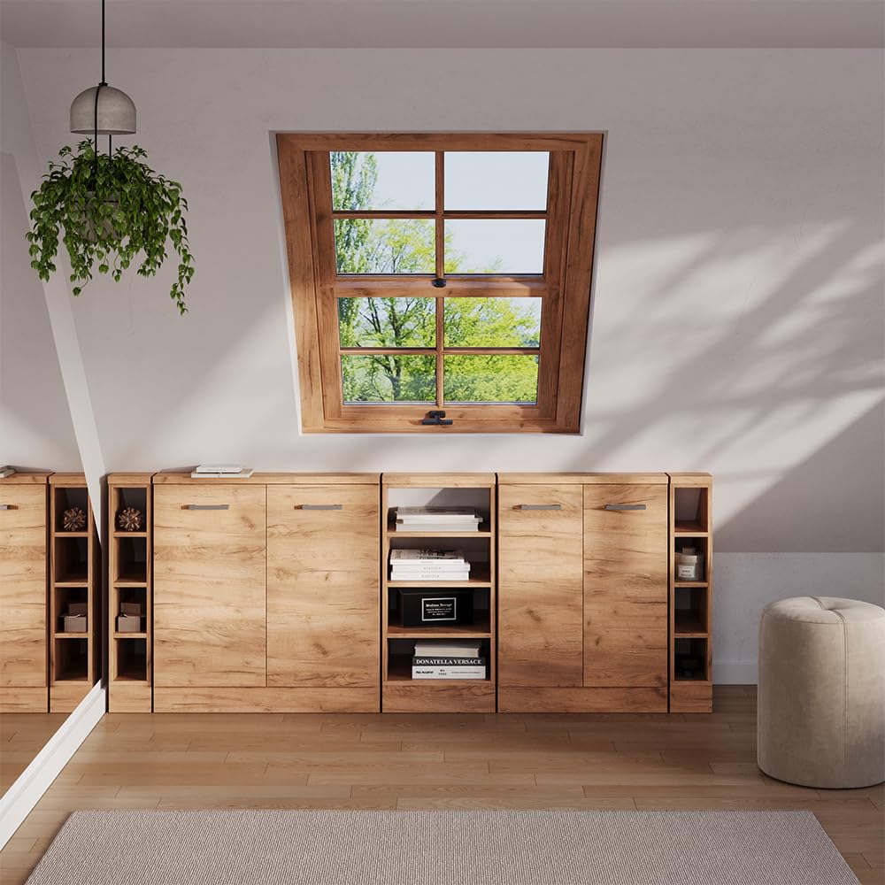 Vicco Meuble de Rangement sous Pente Rion, Chêne doré/Chêne doré | L15 x P46 cm , avec 4 compartiments, gain de place pour les pièces mansardées