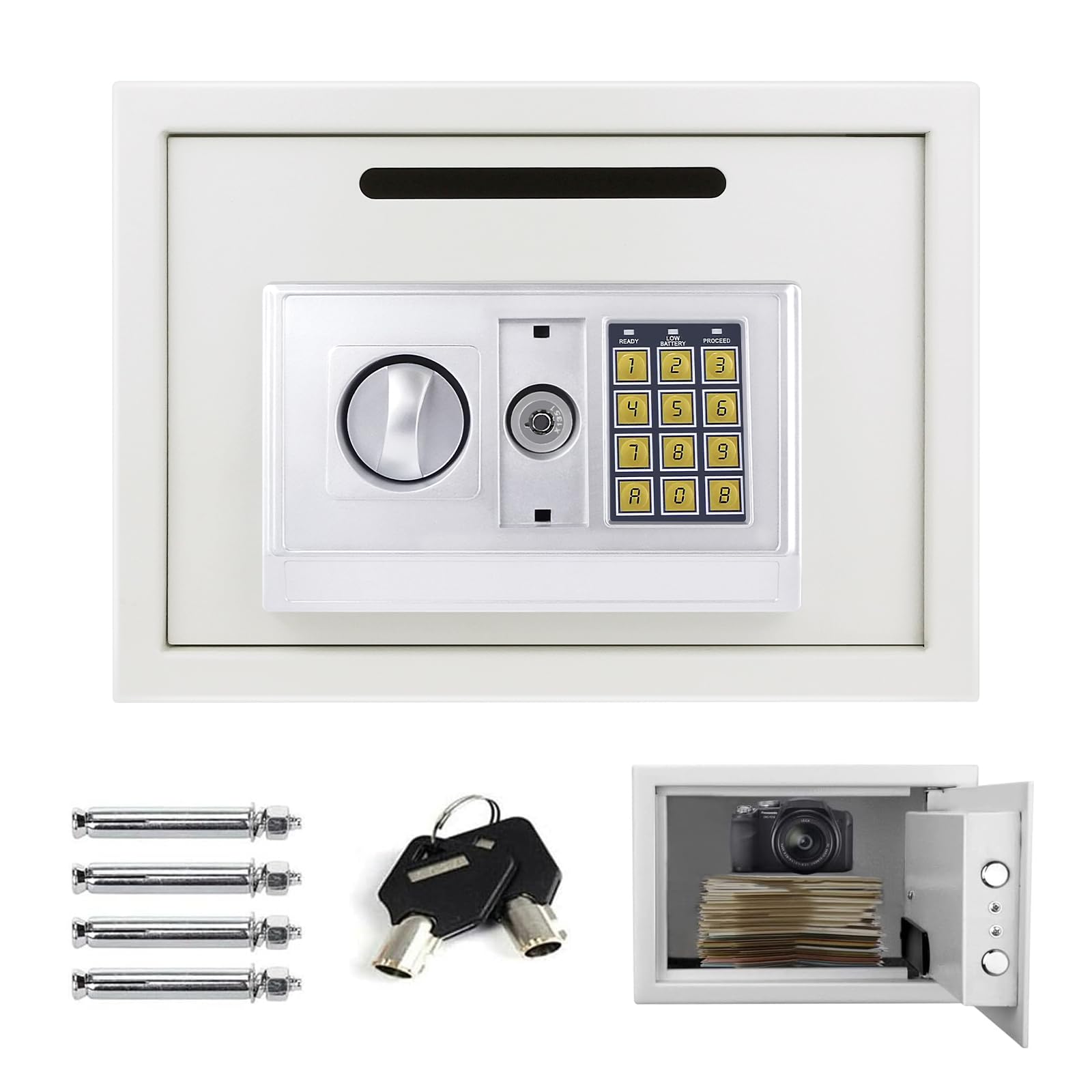 16L Large Digital Fireproof Safe Box Electronic Security Steel Safe Home Office Money Cash Safety Wall Box with Digital Keypad & 2 Keys, Personal Safes for Money Document Jewelry Passport Gun, White