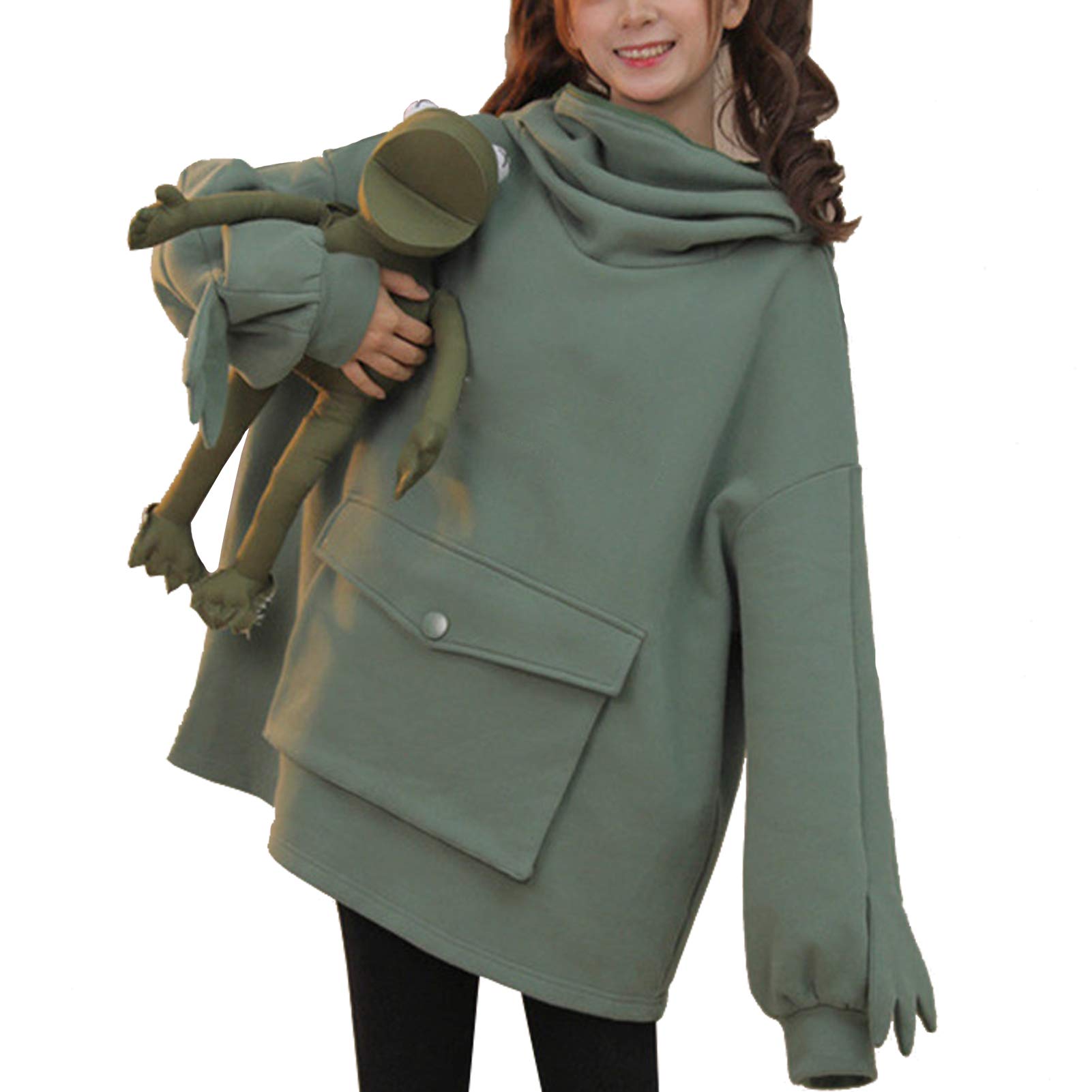 Womens Cute Frog Hoodie Novelty Oversized Loose Pullover Zip up Hooded Top Sweatshirt with Pocket (Green, L)