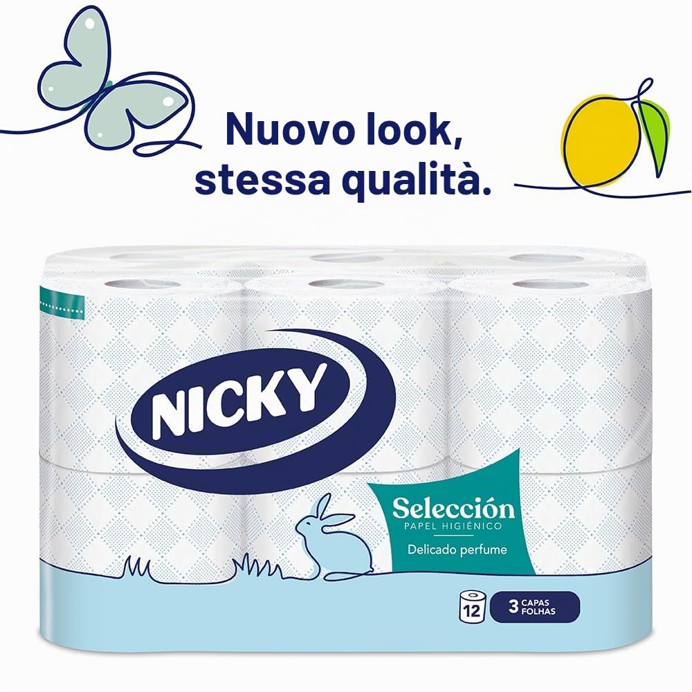 Nicky Selezione carta igienica, confezione da 96 rotoli, 150 fogli a 3 strati, con aroma di talco, carta extra morbida dermatologicamente testata, imballaggio riciclabile, cellulosa pura al 100%,